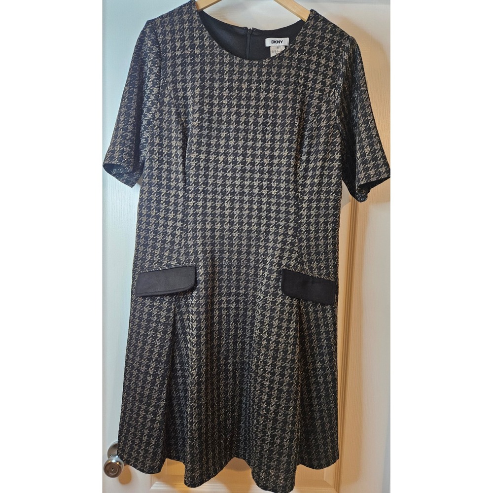 DKNY Black Gold Metallic Houndstooth Short Sleeve Shift Dress‎ Size 16 Chic - Picture 2 of 11